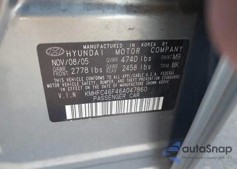 2006 Hyundai Azera Limited/Se from USA, damaged, VIN KMHFC46F46A047860
